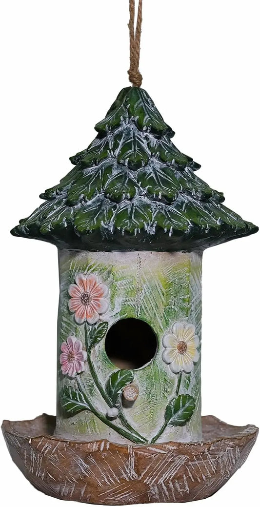 Resin hanging birdhouse with green pinecone-style roof and flower decorations