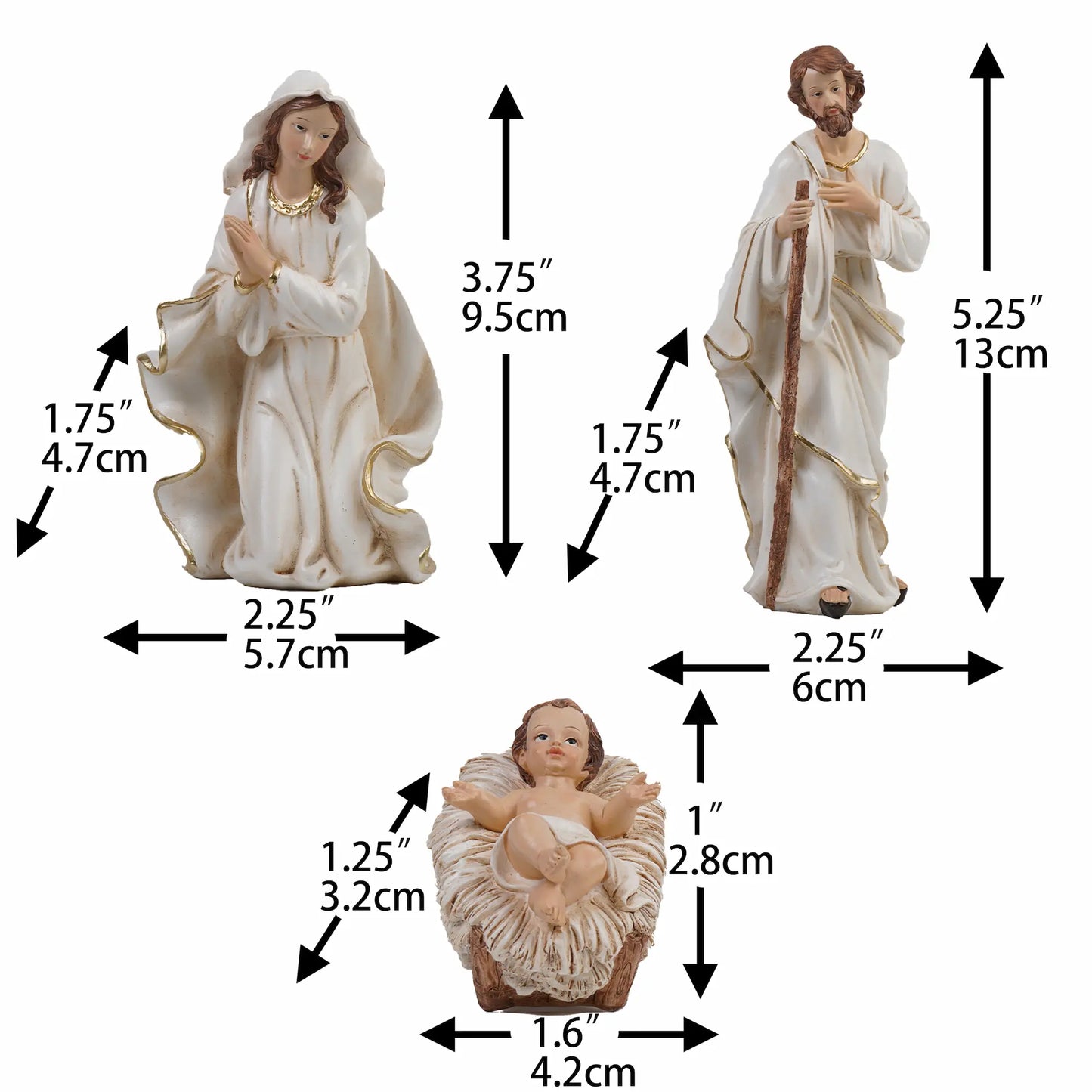 5 inch White and gold Holy Family nativity figurines with measurements