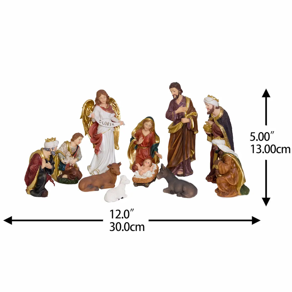 11-piece 5 inch nativity figurine set overall size 12 inch wide and 5 inch tall, tabletop creche.