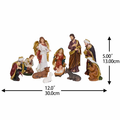11-piece 5 inch nativity figurine set overall size 12 inch wide and 5 inch tall, tabletop creche.