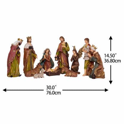 Full 11-piece nativity scene arranged together showing 30-inch display width and 14.5-inch height