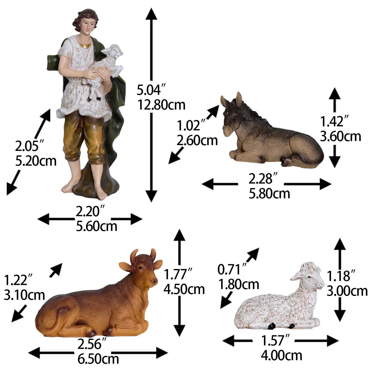 Nativity scene set figures with measurements — shepherd holding lamb, donkey, ox, and sheep, hand-painted resin figurines