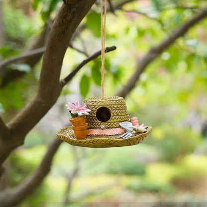 Garden Hat Birdhouse – Hand-Painted Resin Straw Hat Bird House with Flower Pots & Gardening Tools – Hanging Outdoor Garden Decor