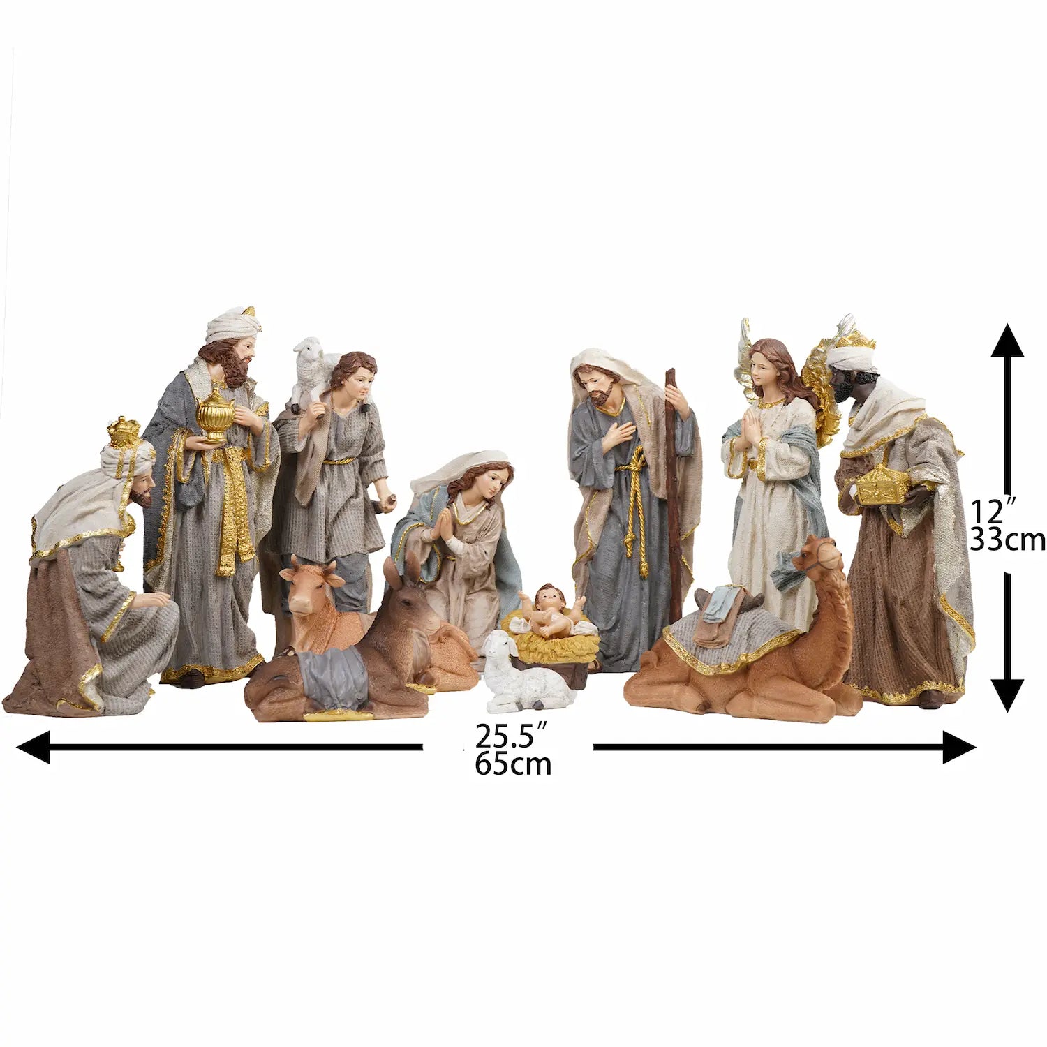 Full 12-piece grey and gold nativity scene showing 25.5-inch display width and 12-inch height on white background