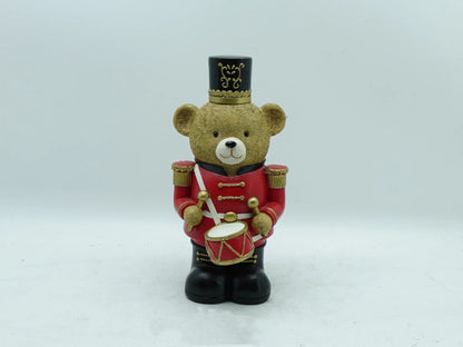 the teddy bear drummer figurine in red uniform, front view