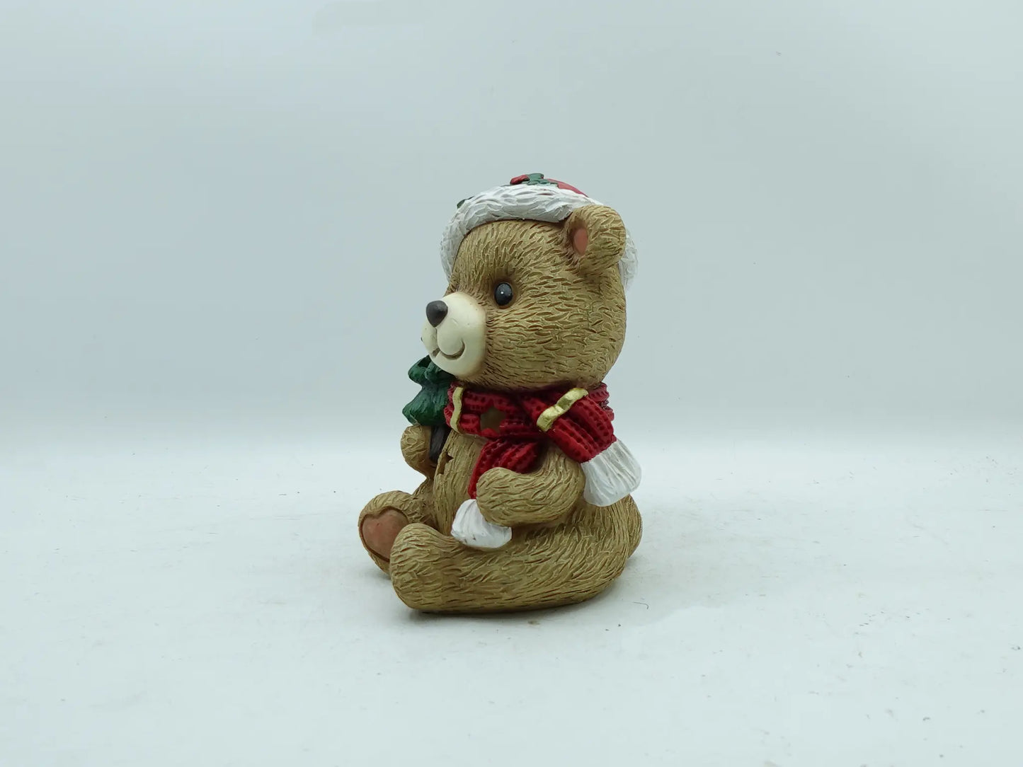 Hand-Painted Christmas Teddy Bear with Mini Tree Figurine, side view
