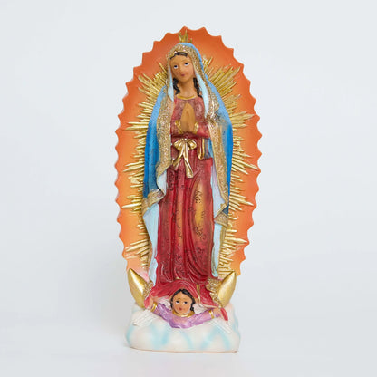 Our Lady of Guadalupe resin figurine on white background with crescent moon base, Front view