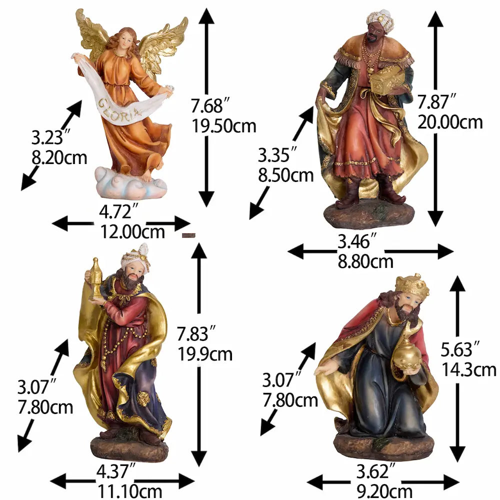 Herald angel with Gloria banner and Three Kings nativity figurines with dimensions— hand-painted resin Magi and angel figures