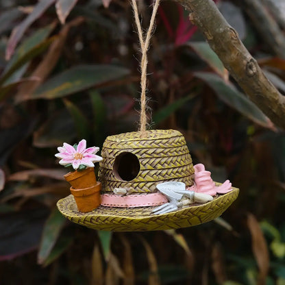 Garden Hat Birdhouse – Hand-Painted Resin Straw Hat Bird House with Flower Pots & Gardening Tools – Hanging Outdoor Garden Decor