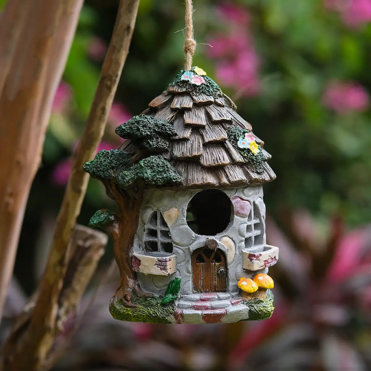 Fairy Cottage Birdhouse – Hand-Painted Resin Stone House with Wood Shingle Roof, Mushrooms & Floral Accents – Whimsical Hanging Garden Decor