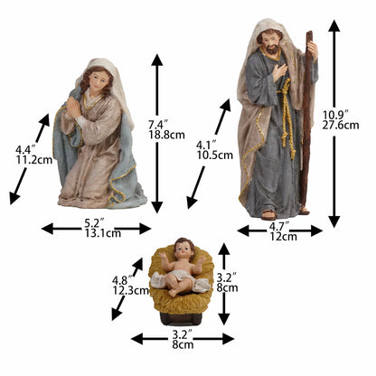 Holy Family nativity figurines — kneeling Mary, standing Joseph with hand on heart, and Baby Jesus in straw manger with measurements 