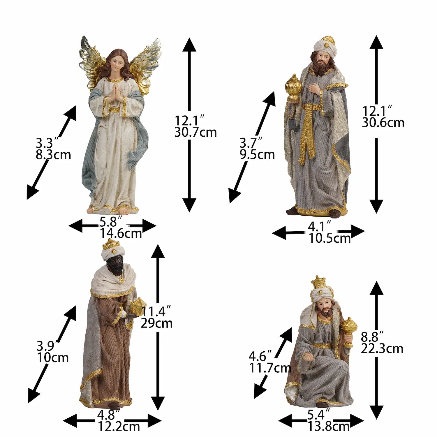  Praying angel with gold-and-silver wings and three Wise Men nativity figurines with dimensions — grey and gold hand-painted resin crèche pieces