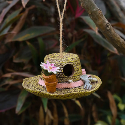 Garden Hat Birdhouse – Hand-Painted Resin Straw Hat Bird House with Flower Pots & Gardening Tools – Hanging Outdoor Garden Decor