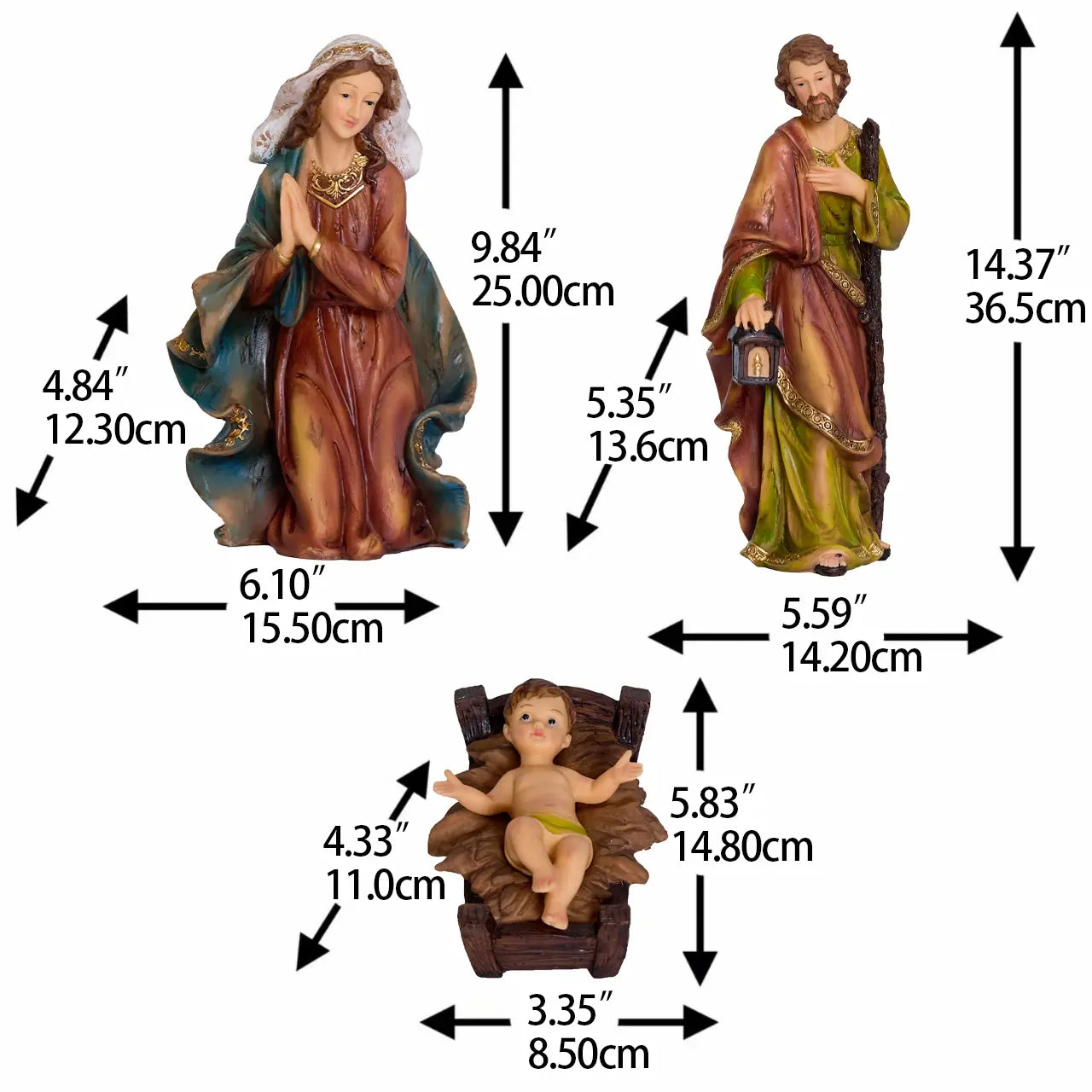 Holy Family nativity figurines — kneeling Mary, Joseph with staff and lantern, and Baby Jesus in wooden cradle manger with measurements