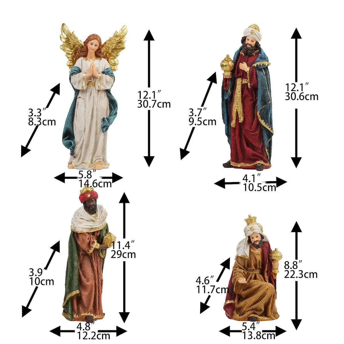 Angel and Three Wise Men nativity figurines with dimensions, Magi kings Christmas decor