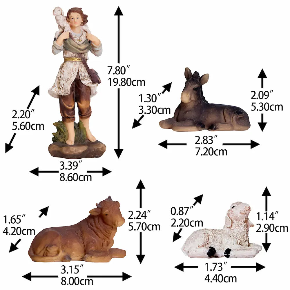 Nativity shepherd with lamb on shoulder, ox, donkey, and sheep figurines with individual measurements — 11-piece crèche stable animals on white background