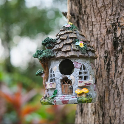 Fairy Cottage Birdhouse – Hand-Painted Resin Stone House with Wood Shingle Roof, Mushrooms & Floral Accents – Whimsical Hanging Garden Decor