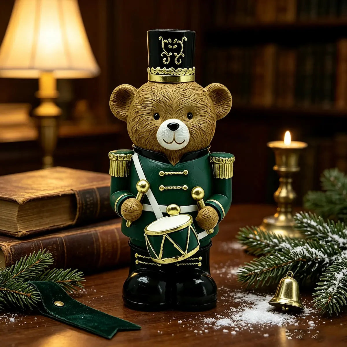 A decorative teddy bear figurine wearing a green uniform and black hat, standing on a wooden surface with holiday greenery, books, a lamp, and a candle in the background.