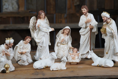 White and Gold Nativity Figurine Set - Holy Family, Wise Men, Angel and Animals - Christmas Manger Scene Decor
