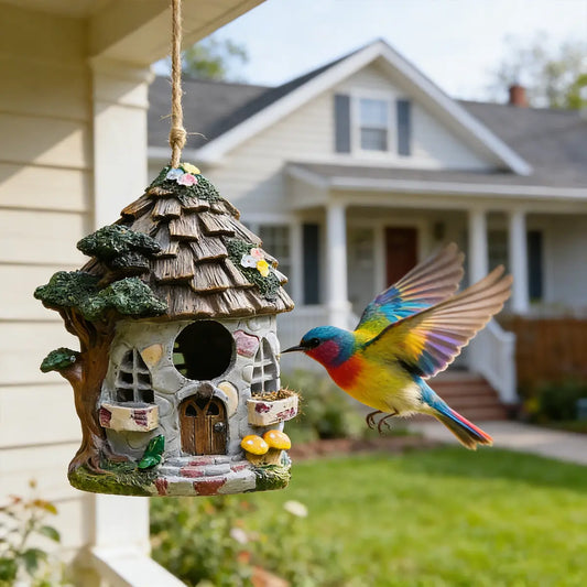 Fairy Cottage Birdhouse – Hand-Painted Resin Stone House with Wood Shingle Roof, Mushrooms & Floral Accents – Whimsical Hanging Garden Decor