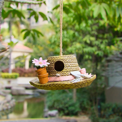 Garden Hat Birdhouse – Hand-Painted Resin Straw Hat Bird House with Flower Pots & Gardening Tools – Hanging Outdoor Garden Decor