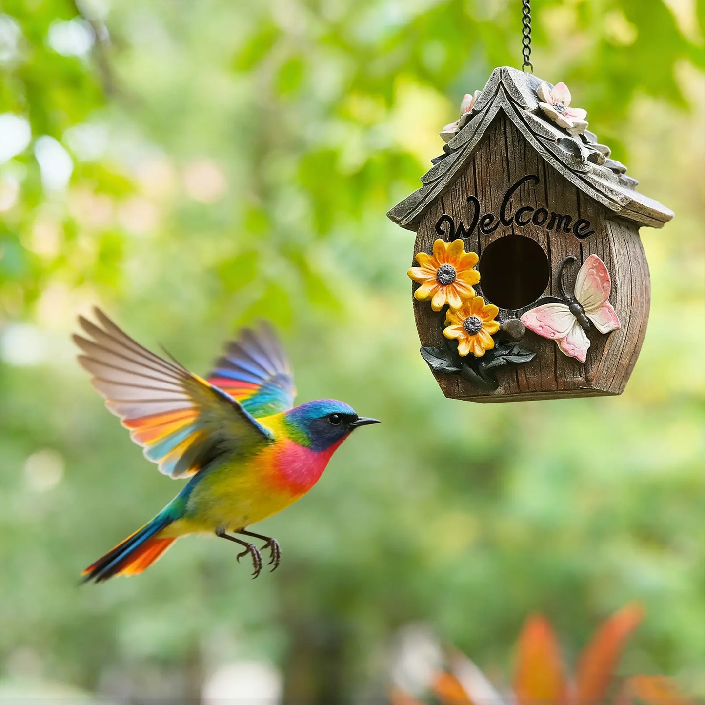 Welcome sign birdhouse hanging from tree with colorful bird flying toward it