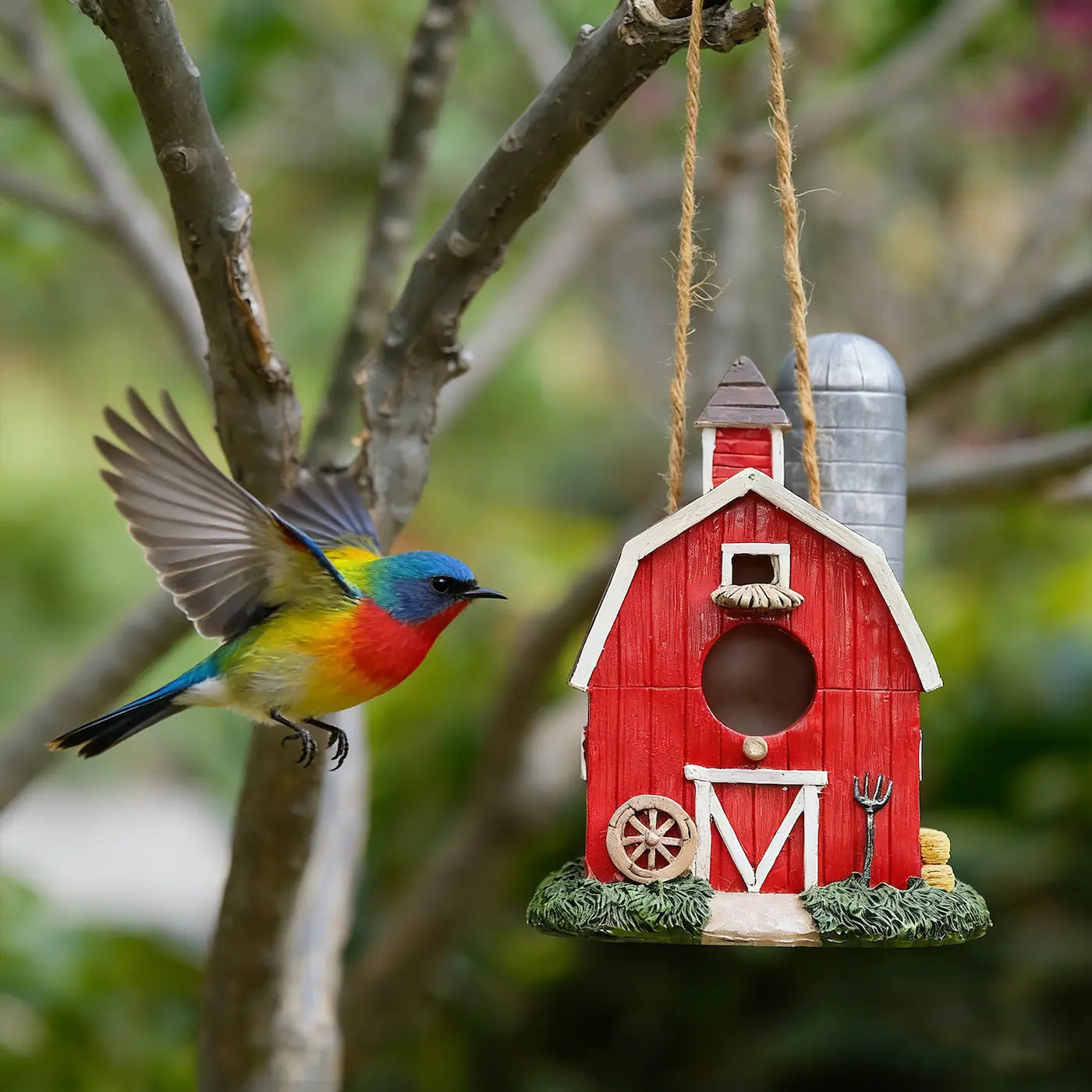 Red Barn Birdhouse, Hanging Garden Decor