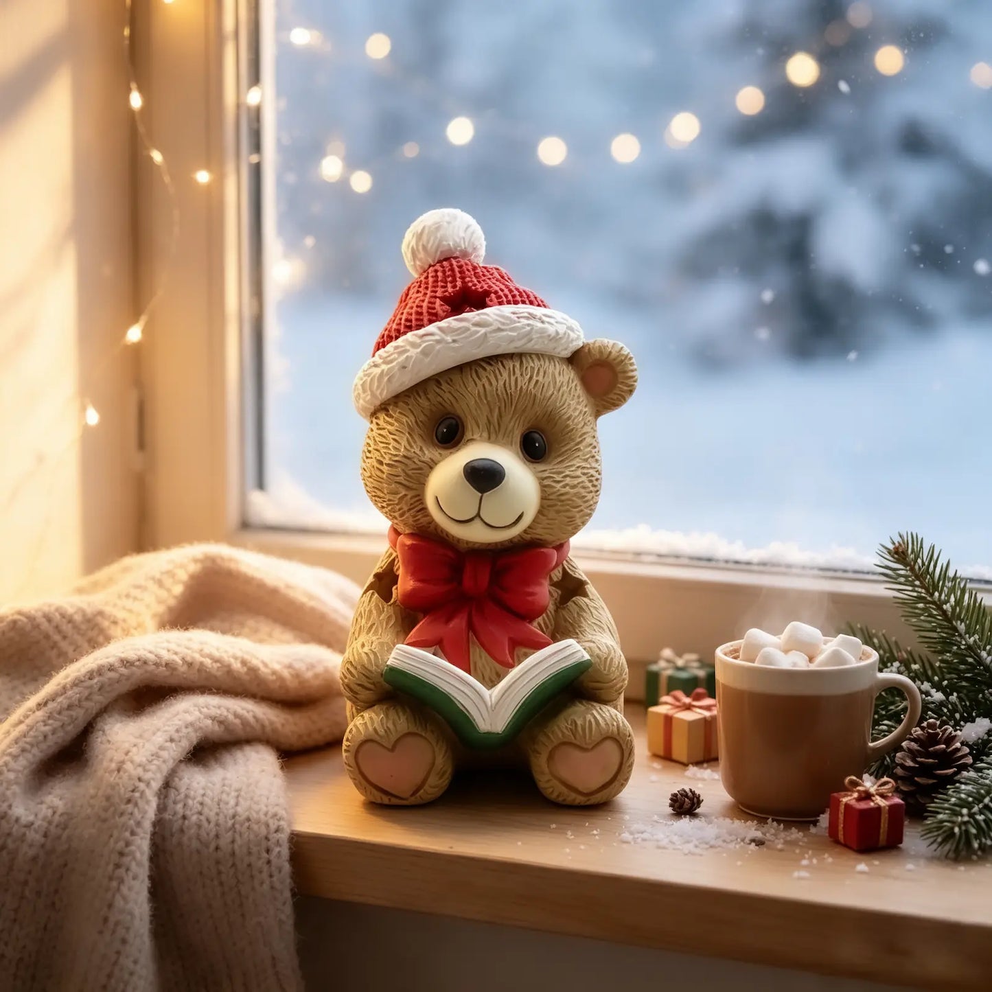 the teddy bear reading book figurine displayed on a windowsill with fairy lights, hot cocoa, blanket, and snowy window view