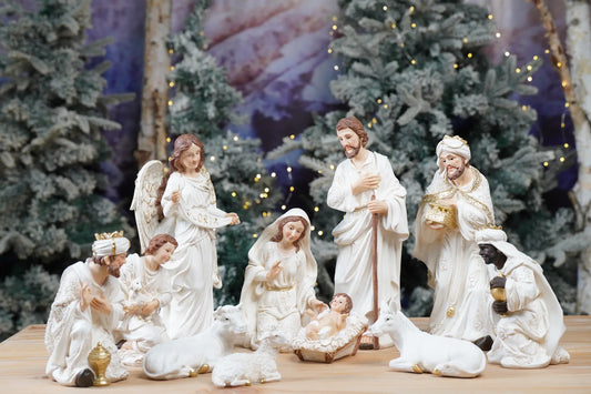 Nativity animals figurines set for manger scene, white and gold Christmas tabletop decor