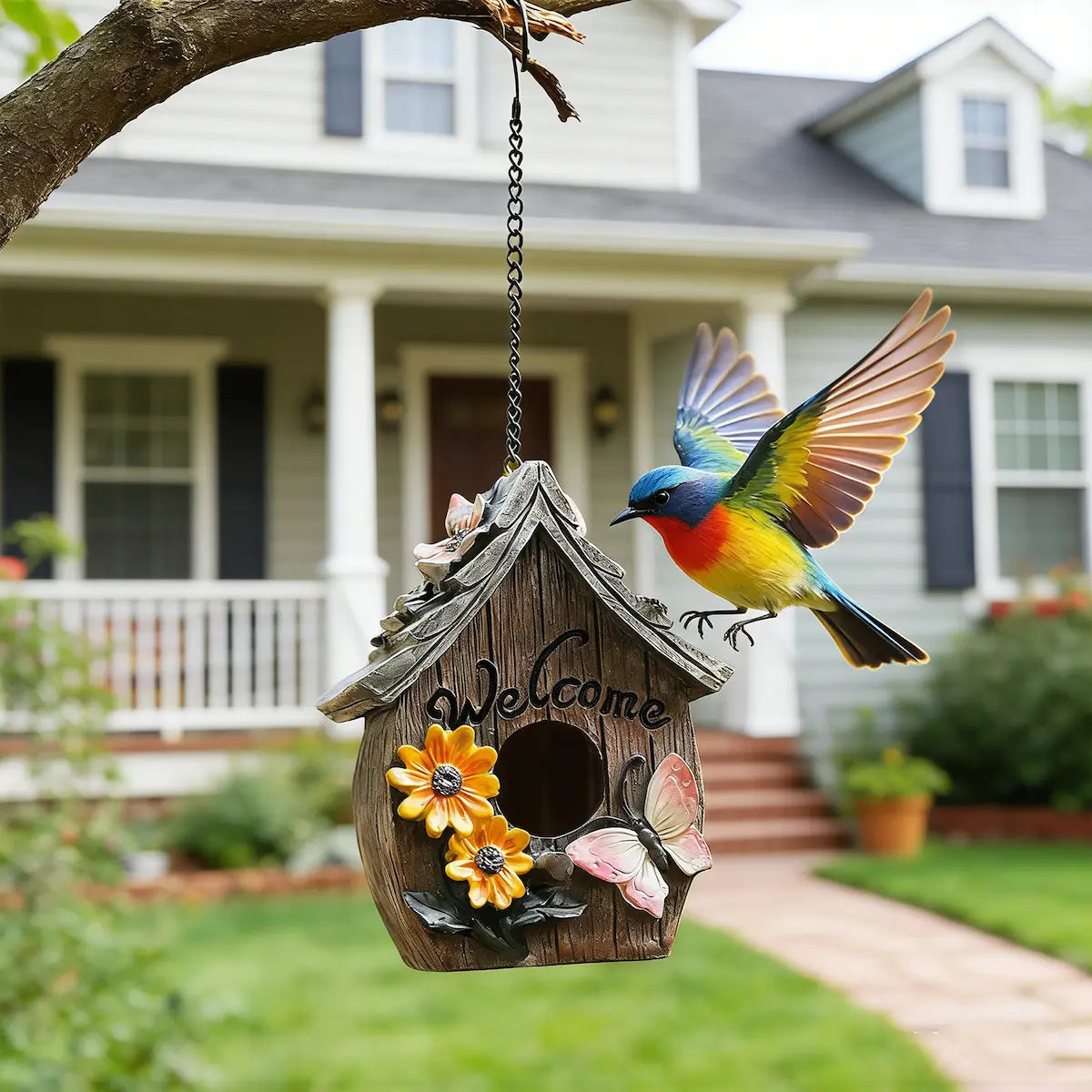 Rustic wood-look birdhouse with sunflowers and butterfly hanging with bird nearby