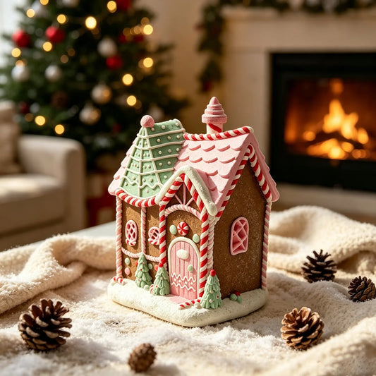 A gingerbread house ornament or miniature house decoration with pink and green icing details, placed on a cream blanket.