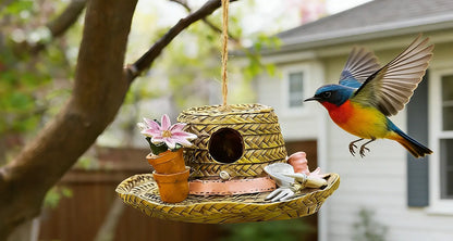 Garden Hat Birdhouse – Hand-Painted Resin Straw Hat Bird House with Flower Pots & Gardening Tools – Hanging Outdoor Garden Decor