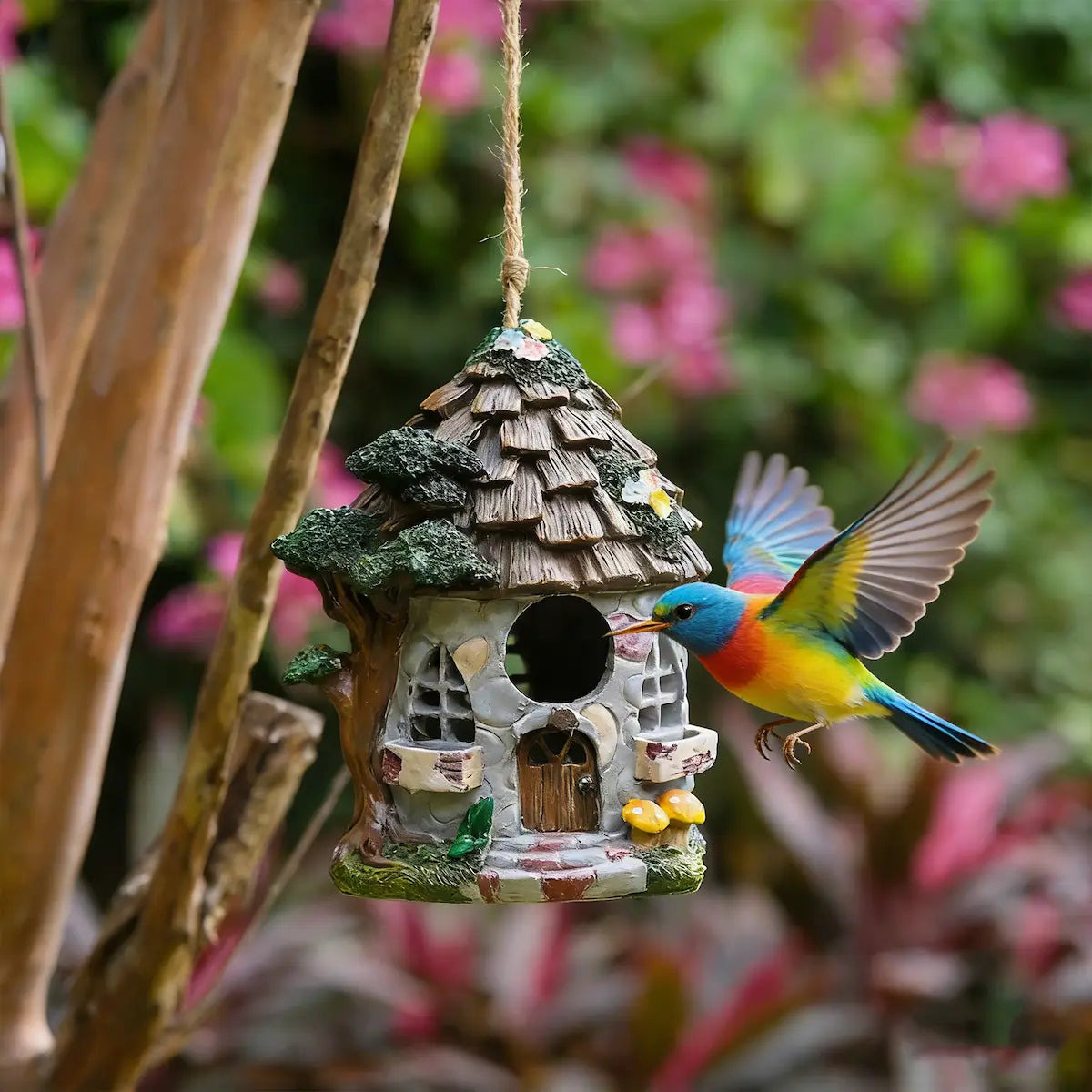 Fairy Cottage Birdhouse – Hand-Painted Resin Stone House with Wood Shingle Roof, Mushrooms & Floral Accents – Whimsical Hanging Garden Decor