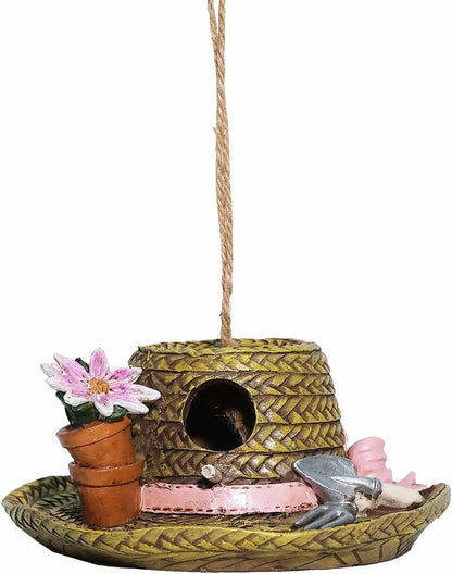 Garden Hat Birdhouse – Hand-Painted Resin Straw Hat Bird House with Flower Pots & Gardening Tools – Hanging Outdoor Garden Decor