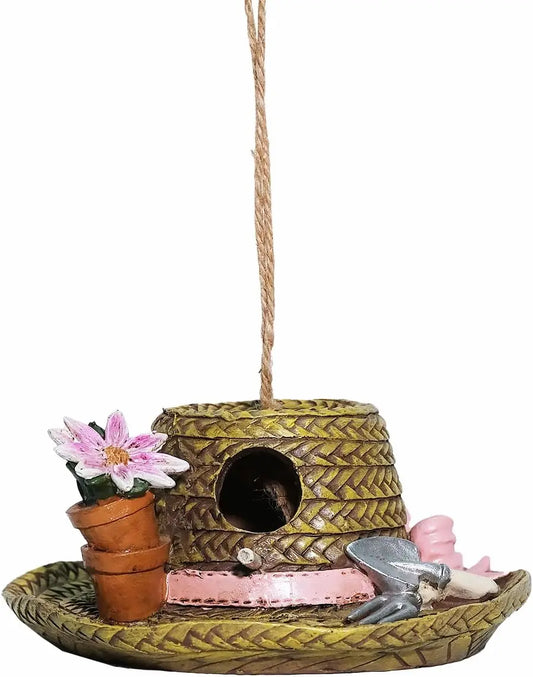 Hanging Garden hat birdhouse on white background 