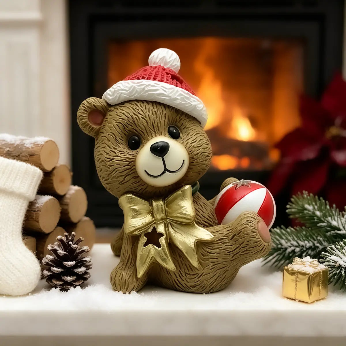 the Christmas teddy bear with bauble ornament displayed by a cozy fireplace with pine branches and holiday gifts