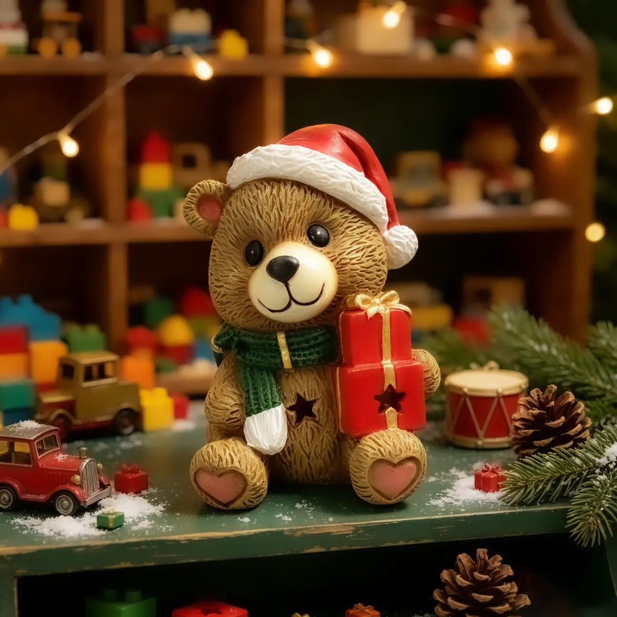 A teddy bear figurine wearing a red Santa hat and green scarf, holding a red gift box, set on a decorated shelf with toys, pine branches, and warm string lights in the background.
