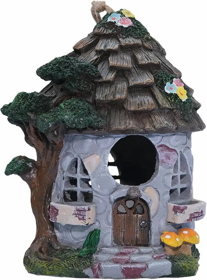 Fairy Cottage Birdhouse – Hand-Painted Resin Stone House with Wood Shingle Roof, Mushrooms & Floral Accents – Whimsical Hanging Garden Decor