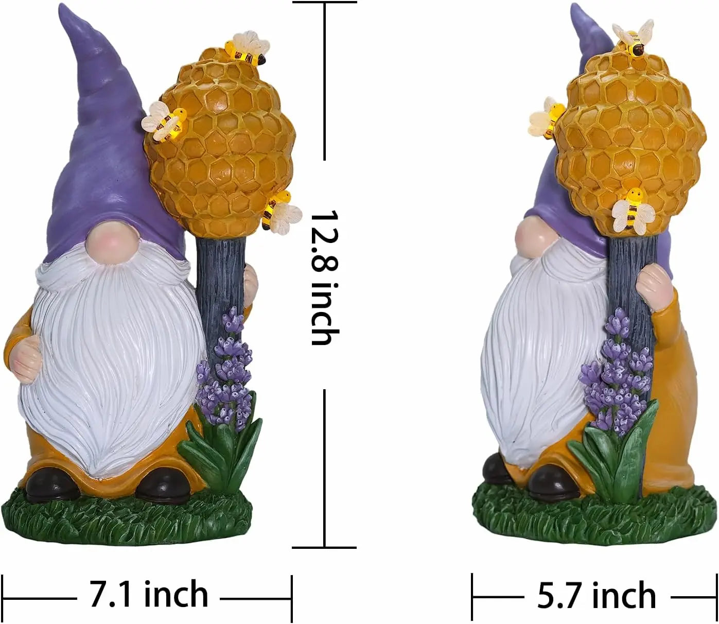 Bee gnome outdoor statue dimensions 12.8 inch tall, 7.1 inch wide, 5.7 inch deep 