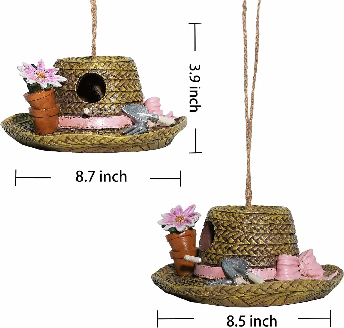 Garden Hat Birdhouse – Hand-Painted Resin Straw Hat Bird House with Flower Pots & Gardening Tools – Hanging Outdoor Garden Decor