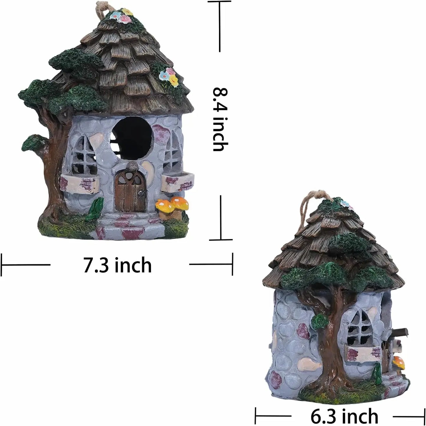 Fairy Cottage Birdhouse – Hand-Painted Resin Stone House with Wood Shingle Roof, Mushrooms & Floral Accents – Whimsical Hanging Garden Decor