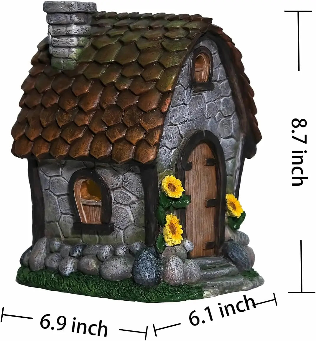 Sunflower fairy house size chart showing 8.7 inch height and 6.1 inch width dimensions