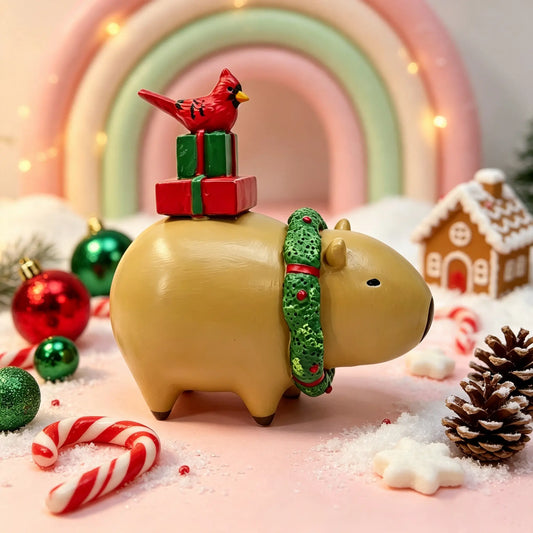 Christmas capybara figurine displayed in a festive winter wonderland with candy canes, ornaments, and gingerbread house, lifestyle scene 