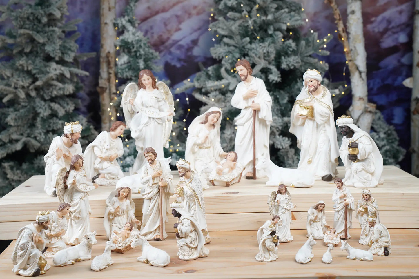 White and Gold Nativity Figurine Set - Holy Family, Wise Men, Angel and Animals - Christmas Manger Scene Decor