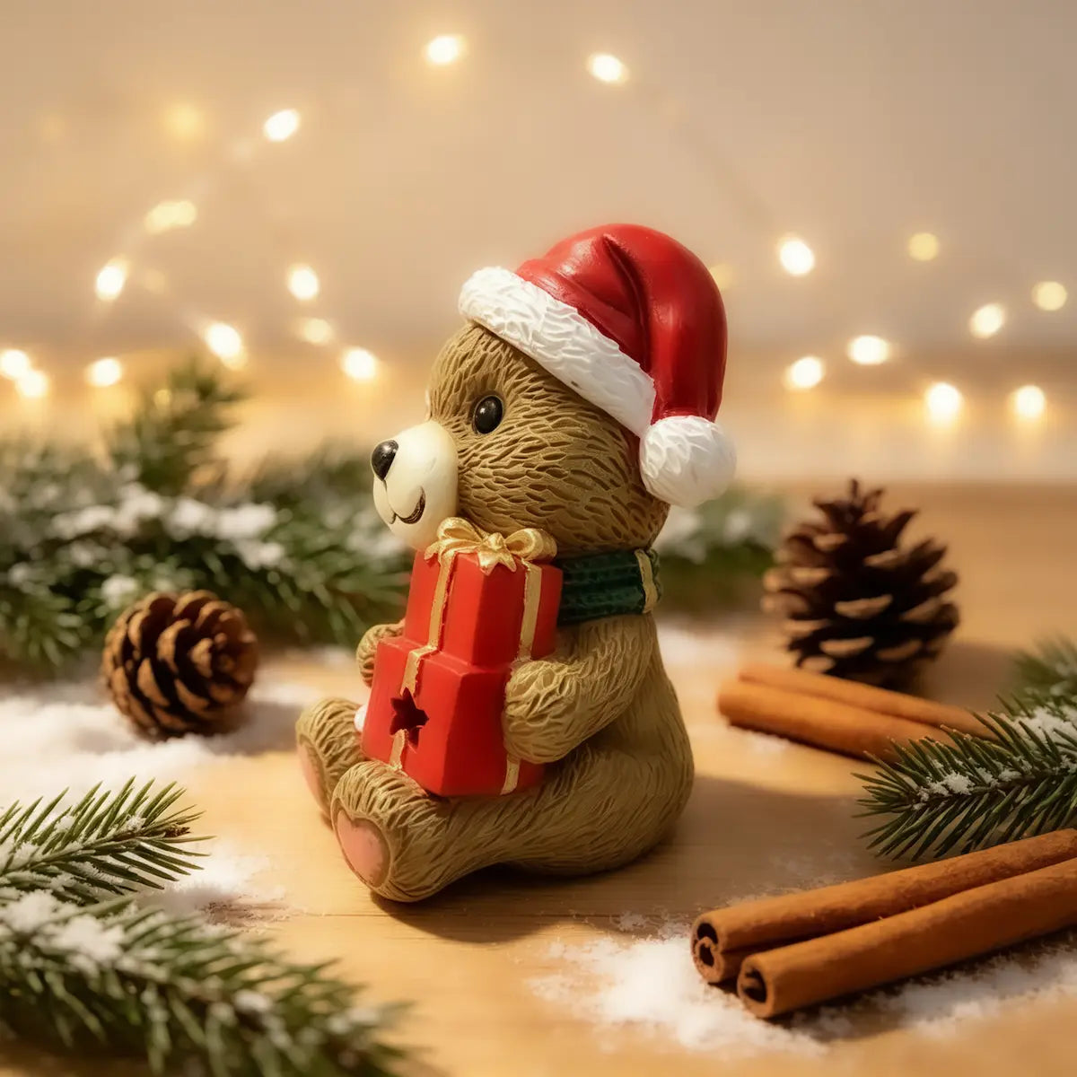 A Christmas teddy bear figurine styled with pine branches, pinecones, cinnamon sticks, and warm string lights in the background.
