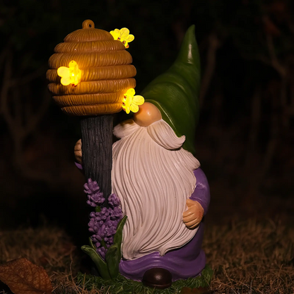 Outdoor bee garden gnome with glowing beehive staff, cozy nighttime yard decor