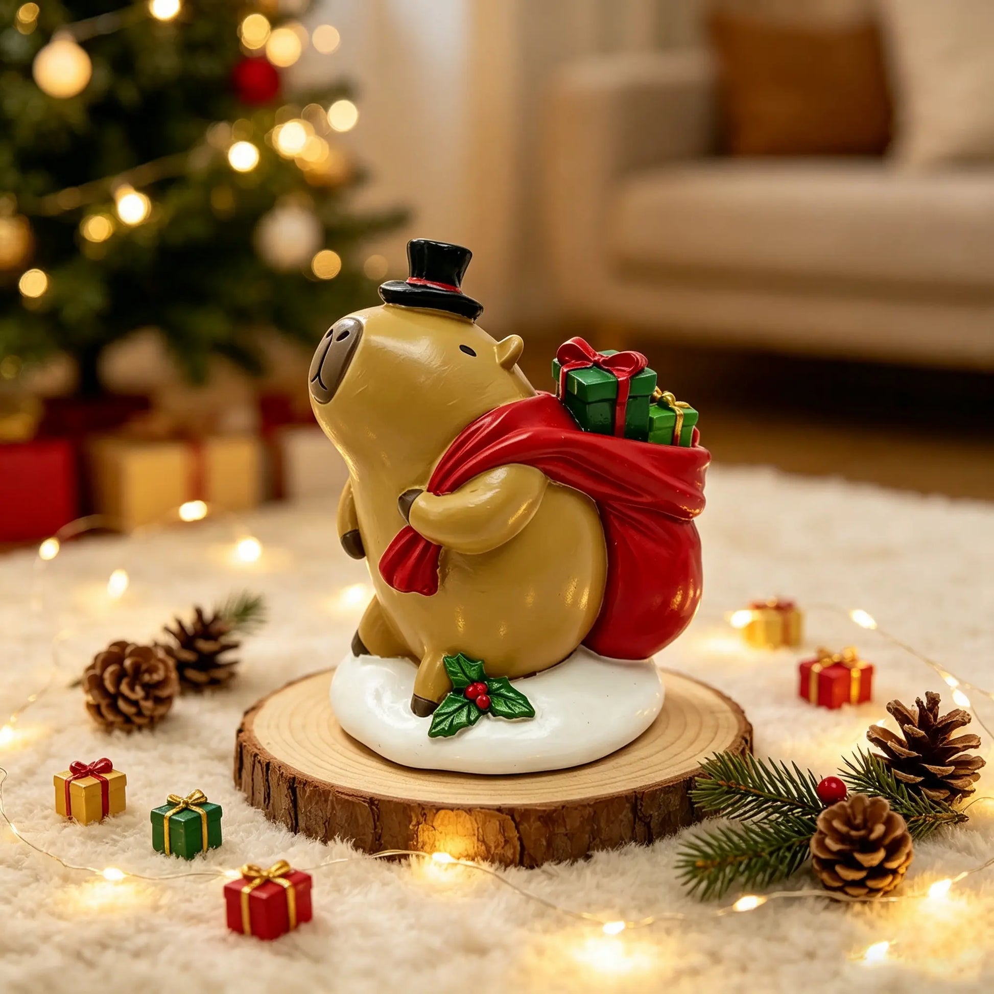 gentleman capybara figurine with top hat and red gift sack displayed by a Christmas tree with fairy lights, lifestyle scene 