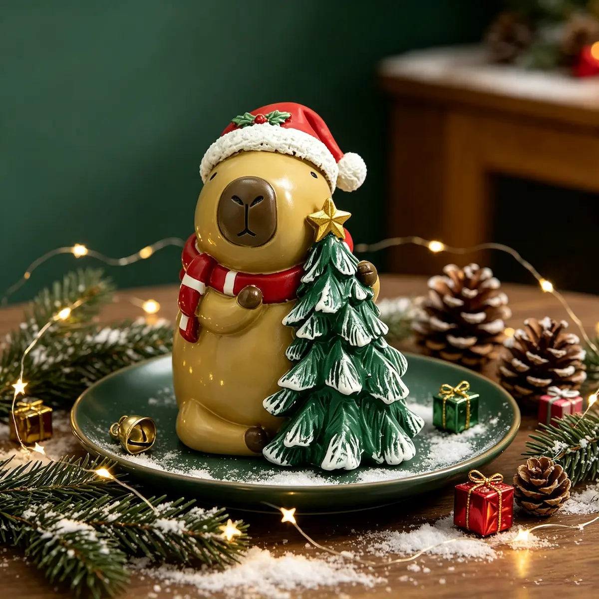 A holiday capybara figurine wearing a red Santa hat and scarf, holding a small green Christmas tree, displayed on a dark green plate.