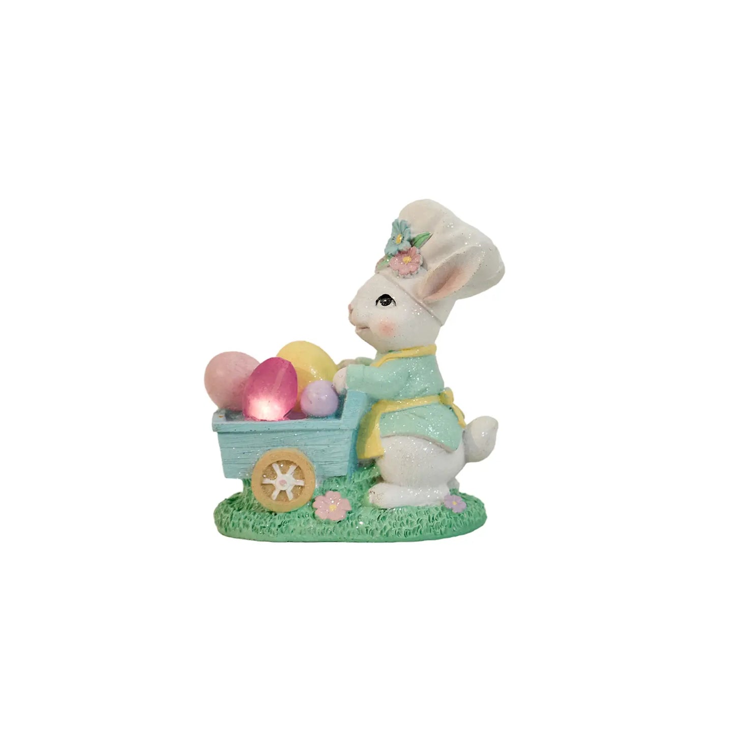 Lighted Easter bunny figurine — battery LED glitter resin spring decoration on white background
