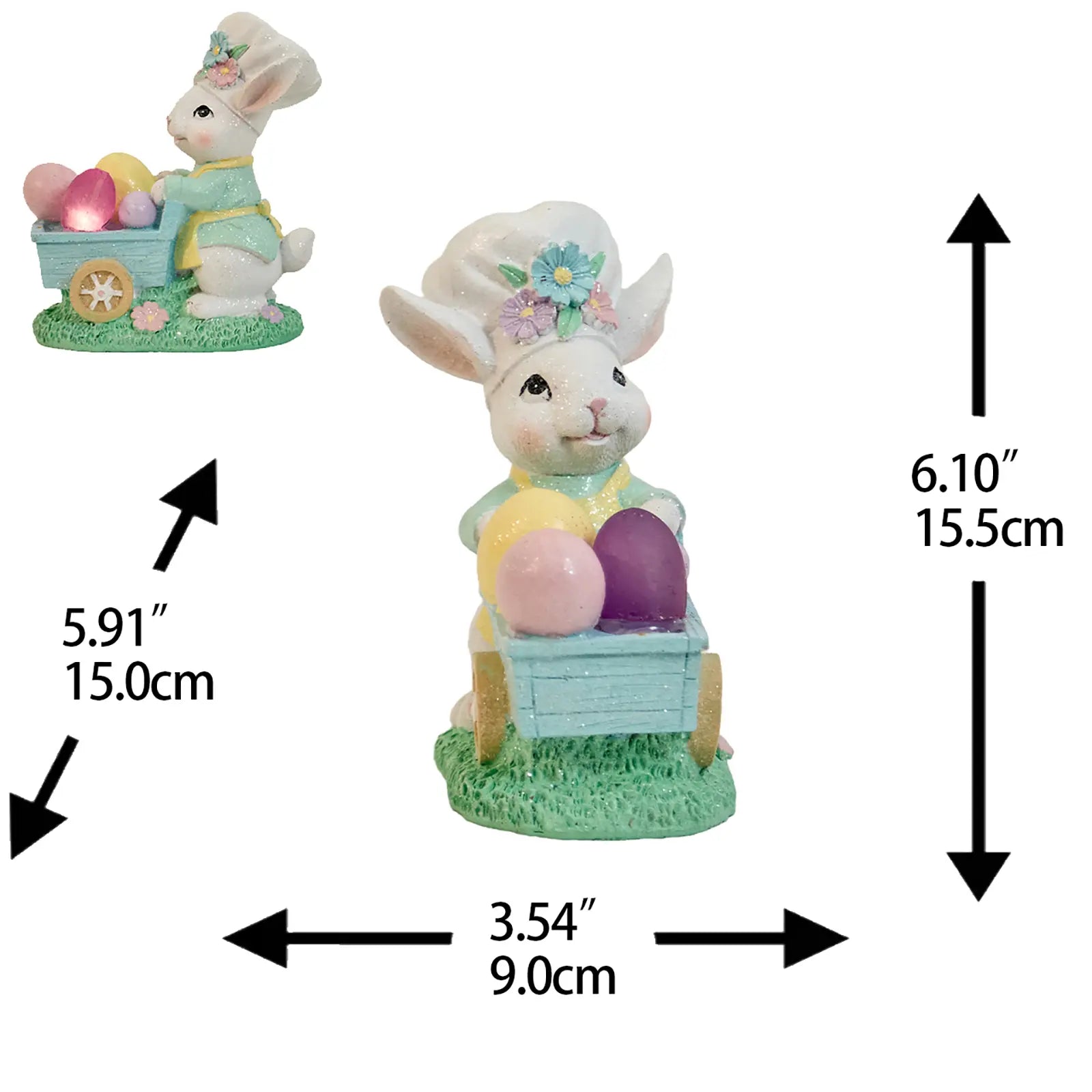 Easter bunny egg cart figurine with measurements — 6.10" H × 5.91" D × 3.54" W hand-painted LED glitter resin spring decoration